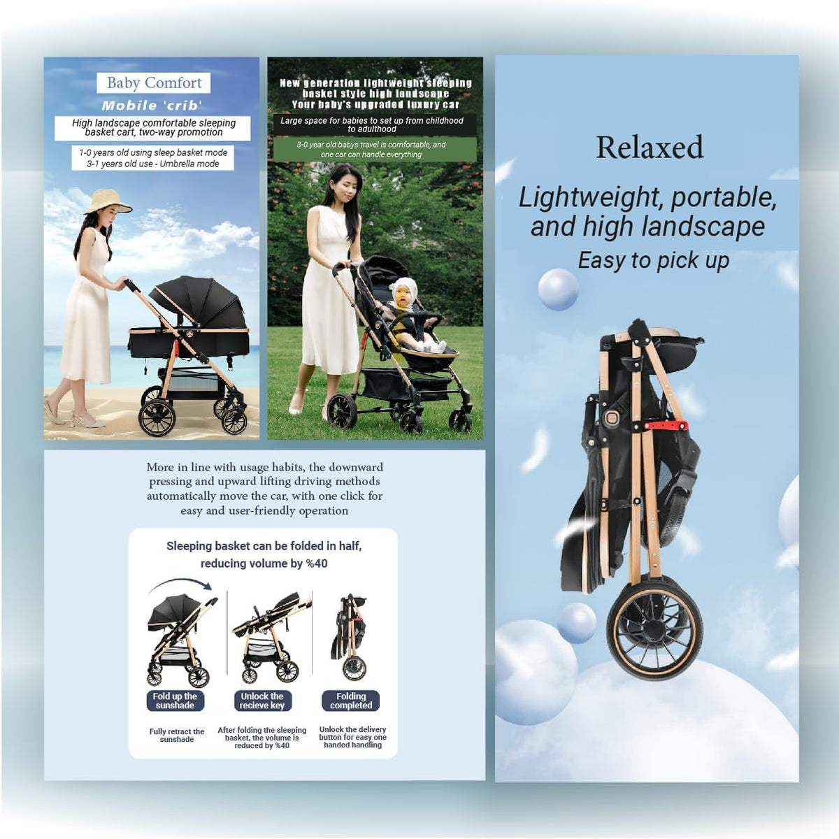 3-in-1 Pram Pushchair Stroller with Carrycot Sleeping Basket Black Rose Gold Foldable