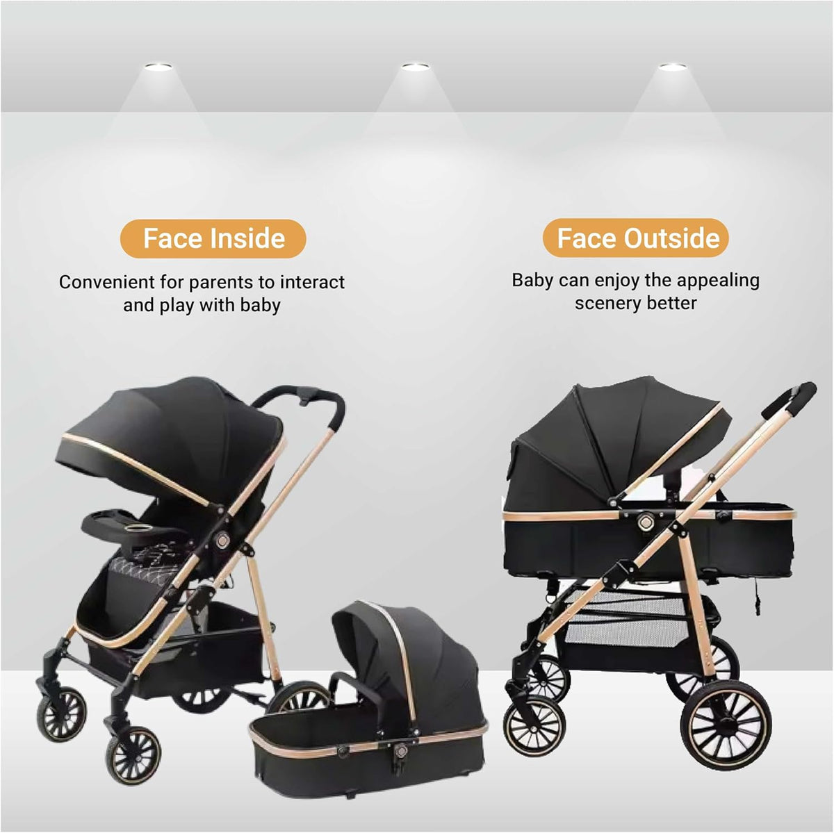 3-in-1 Pram Pushchair Stroller with Carrycot Sleeping Basket Black Rose Gold Foldable