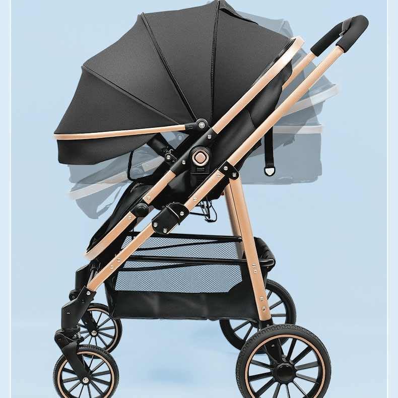 3-in-1 Pram Pushchair Stroller with Carrycot Sleeping Basket Black Rose Gold Foldable
