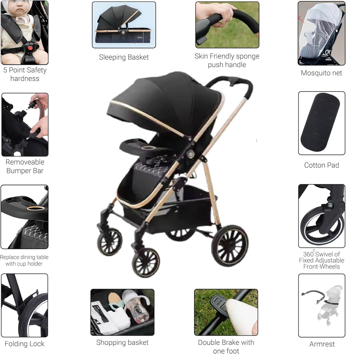 3-in-1 Pram Pushchair Stroller with Carrycot Sleeping Basket Black Rose Gold Foldable