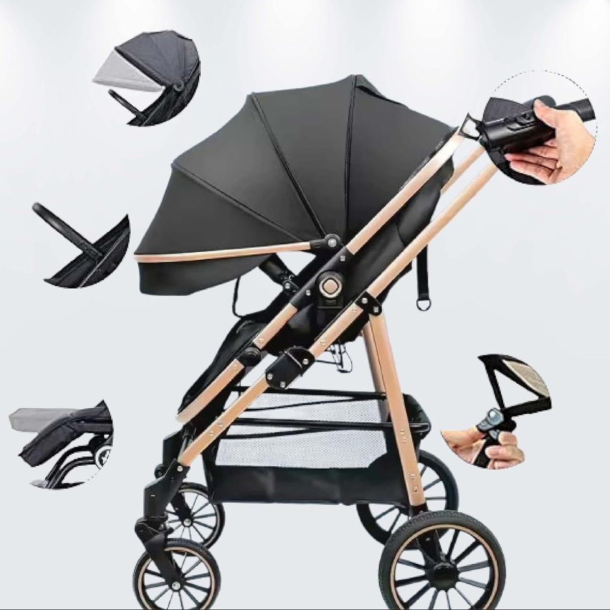 3-in-1 Pram Pushchair Stroller with Carrycot Sleeping Basket Black Rose Gold Foldable