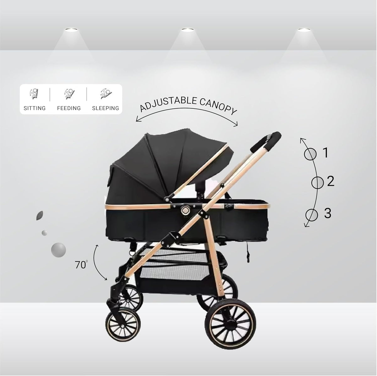 3-in-1 Pram Pushchair Stroller with Carrycot Sleeping Basket Black Rose Gold Foldable