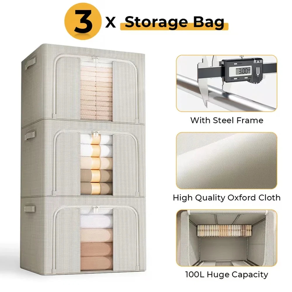 3 Pack 100L Extra Large Capacity Clothes Storage Boxes Foldable Steel Frame Box