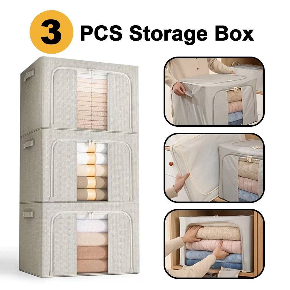 3 Pack 100L Extra Large Capacity Clothes Storage Boxes Foldable Steel Frame Box