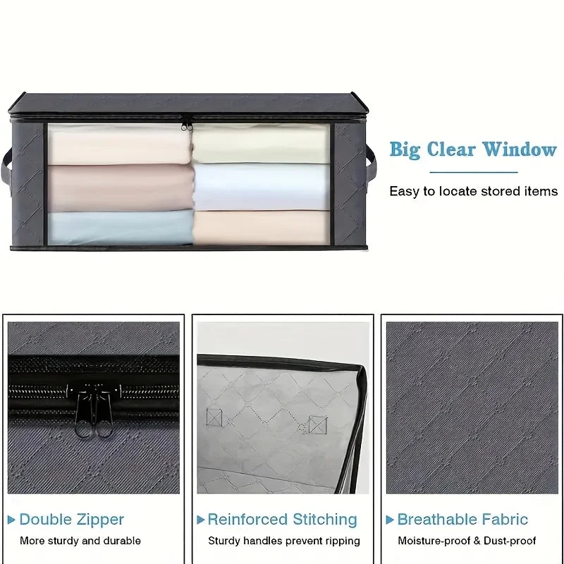 3 Pack Grey Foldable Storage Bags with PVC Window Clothes Blanket Organiser Box