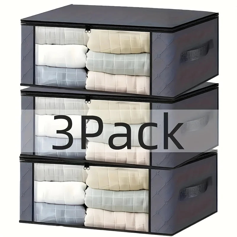 3 Pack Grey Foldable Storage Bags with PVC Window Clothes Blanket Organiser Box