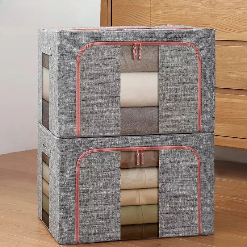 3 Pack Foldable Storage Boxes 24L Clothes Organiser Bags Zip Grey Window Box