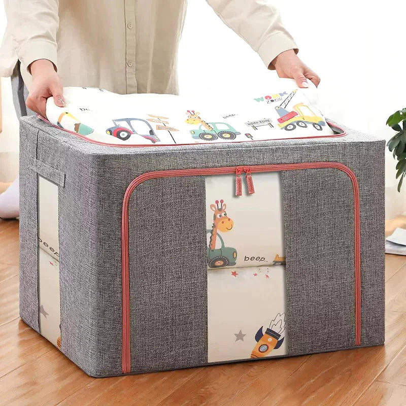 3 Pack Foldable Storage Boxes 24L Clothes Organiser Bags Zip Grey Window Box