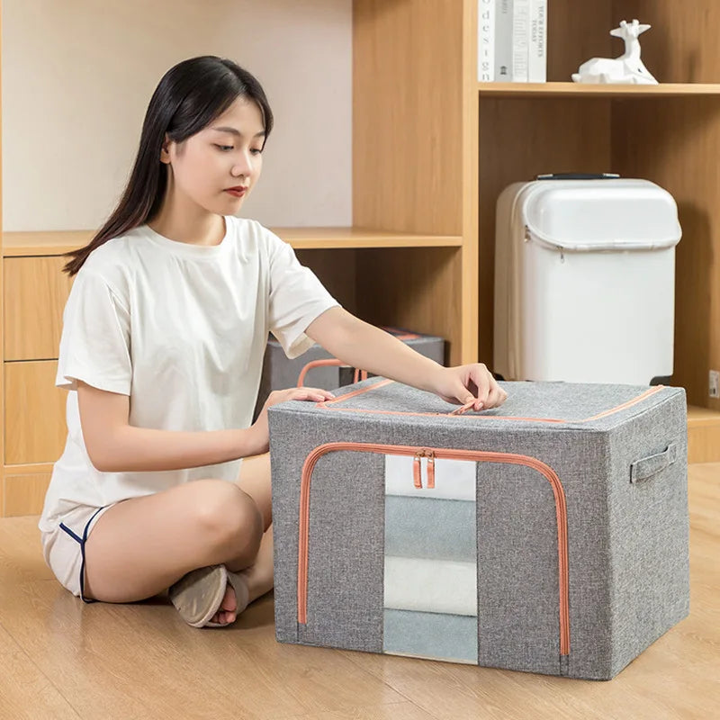 3 Pack Foldable Storage Boxes 24L Clothes Organiser Bags Zip Grey Window Box
