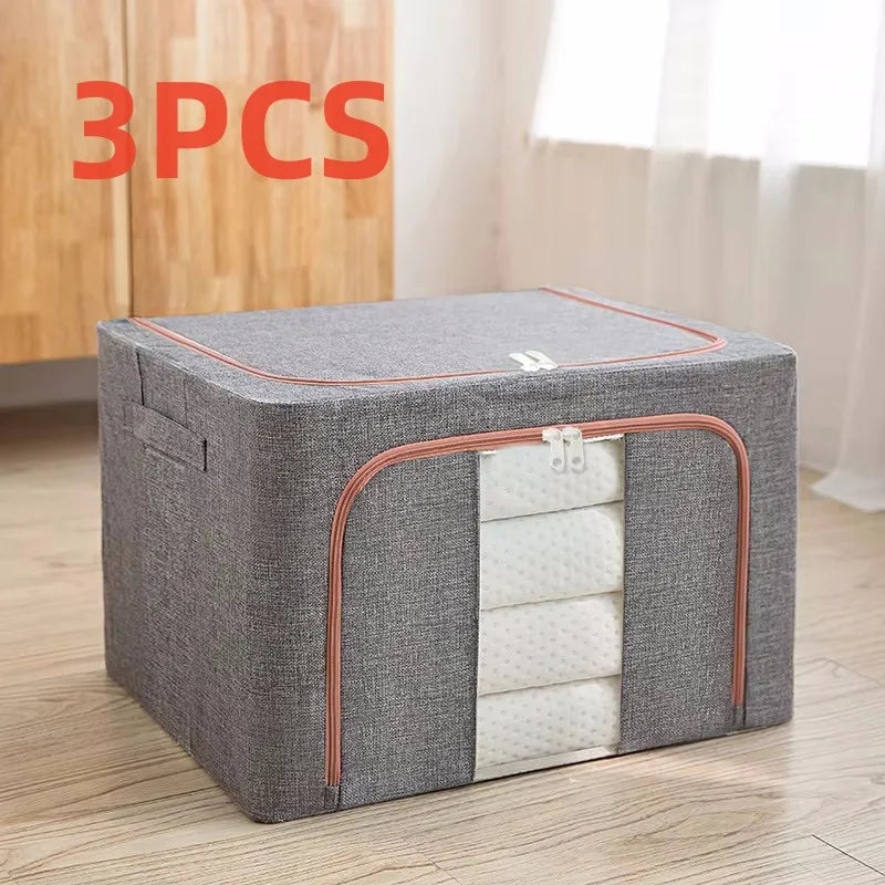 3 Pack Foldable Storage Boxes 24L Clothes Organiser Bags Zip Grey Window Box