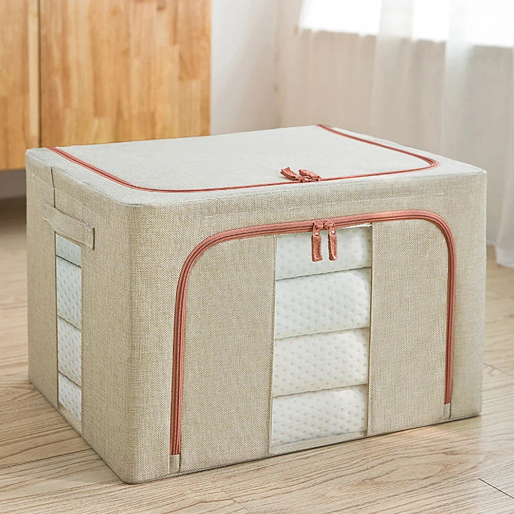 3 Pack Clothes Storage Box Clear Windows – Linen Fabric Boxes Metal Frame Handles