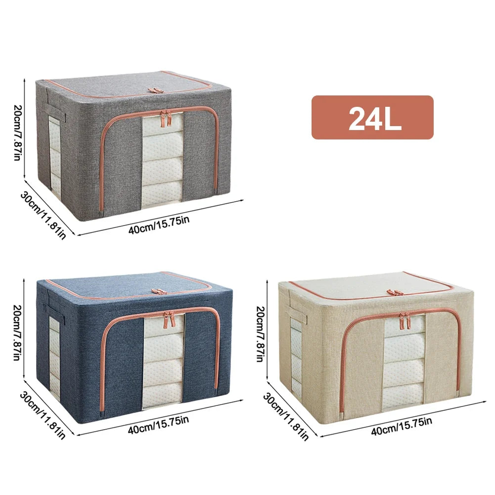 3 Pack Clothes Storage Box Clear Windows – Linen Fabric Boxes Metal Frame Handles