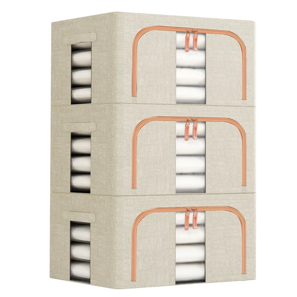 3 Pack Clothes Storage Box Clear Windows – Linen Fabric Boxes Metal Frame Handles