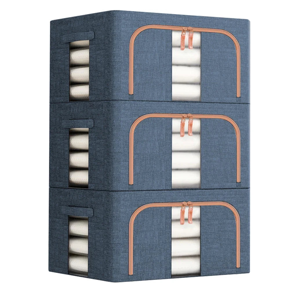 3 Pack Clothes Storage Box Clear Windows – Linen Fabric Boxes Metal Frame Handles