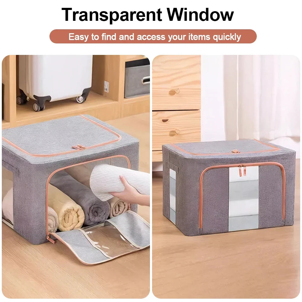 3 Pack Clothes Storage Box Clear Windows – Linen Fabric Boxes Metal Frame Handles