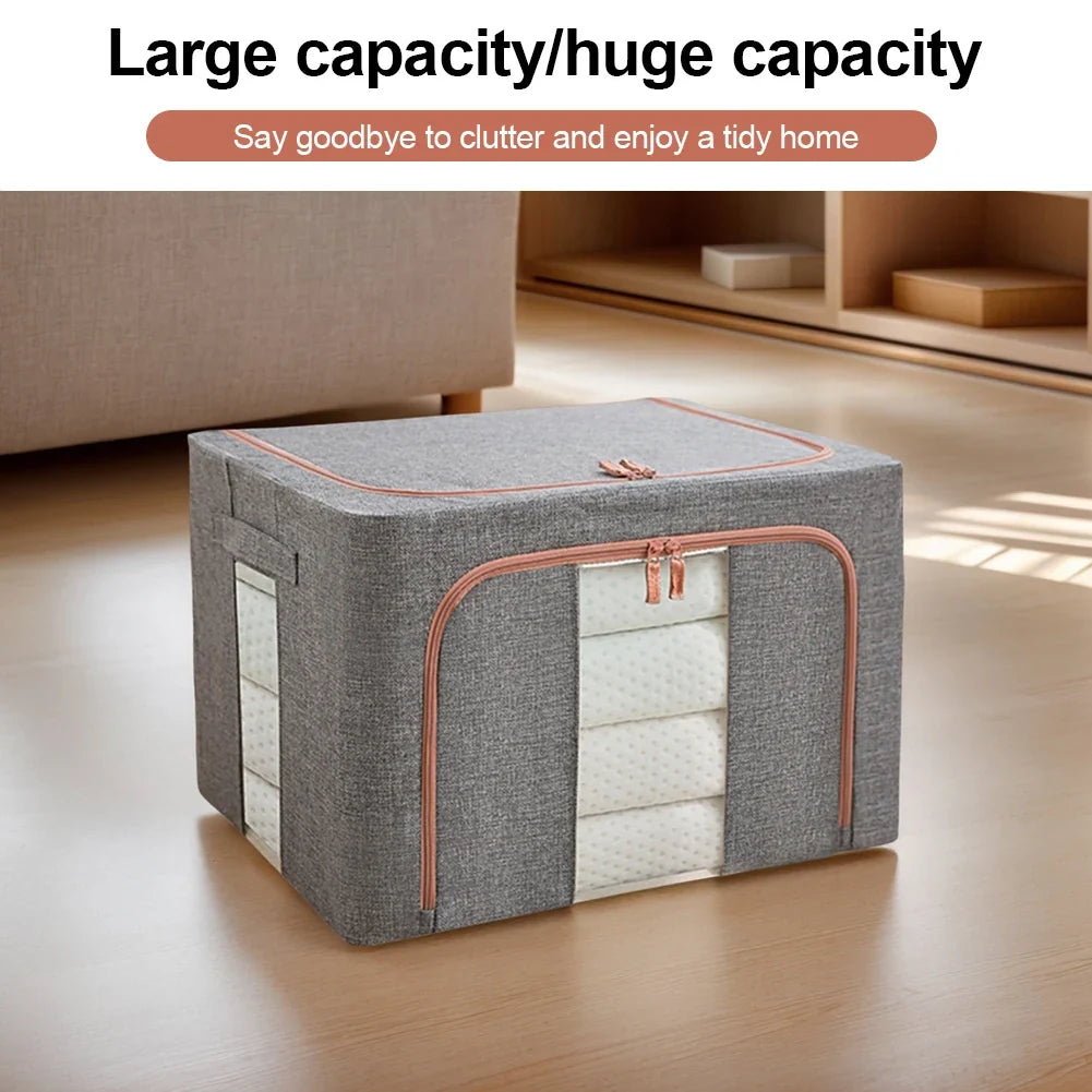 3 Pack Clothes Storage Box Clear Windows – Linen Fabric Boxes Metal Frame Handles