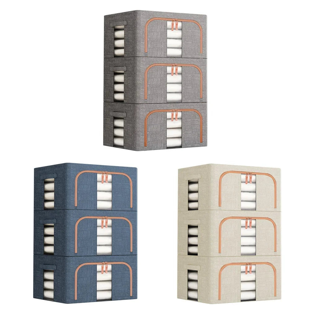 3 Pack Clothes Storage Box Clear Windows – Linen Fabric Boxes Metal Frame Handles
