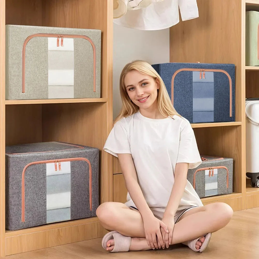 3 Pack Clothes Storage Box Clear Windows – Linen Fabric Boxes Metal Frame Handles