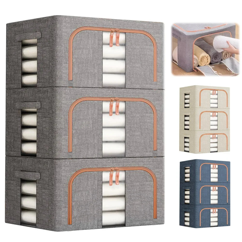 3 Pack Clothes Storage Box Clear Windows – Linen Fabric Boxes Metal Frame Handles