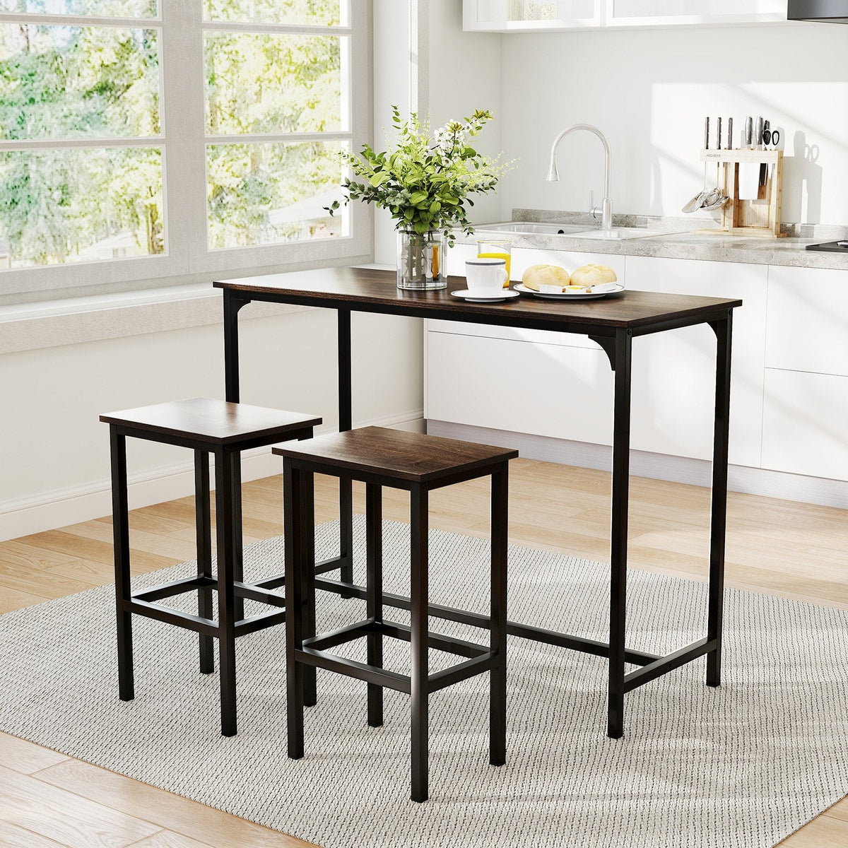 3-Piece Dining Table Set with High Top Rectangular Pub Table and Chairs-Black