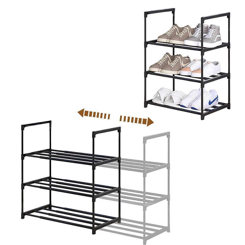 3 Tier Extendable Metal Shoe Rack Black Space Saving Organiser Shoes Storage