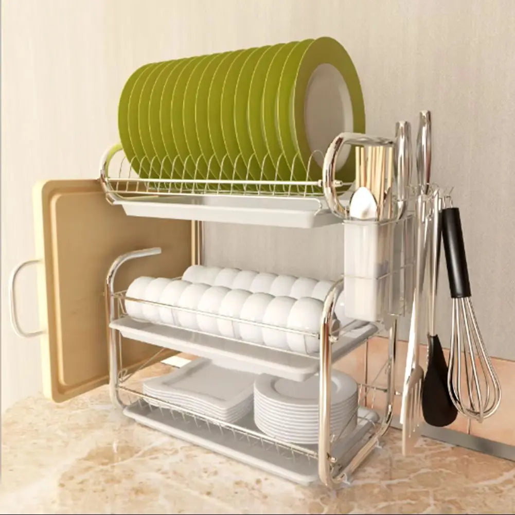 3 Tier Kitchen Chrome Dish Drying Rack with Drip Tray & Utensil Holder Home Dry