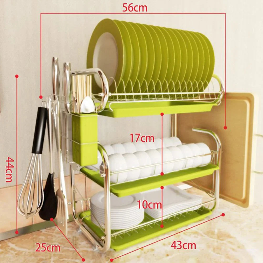 3 Tier Kitchen Chrome Dish Drying Rack with Drip Tray & Utensil Holder Home Dry
