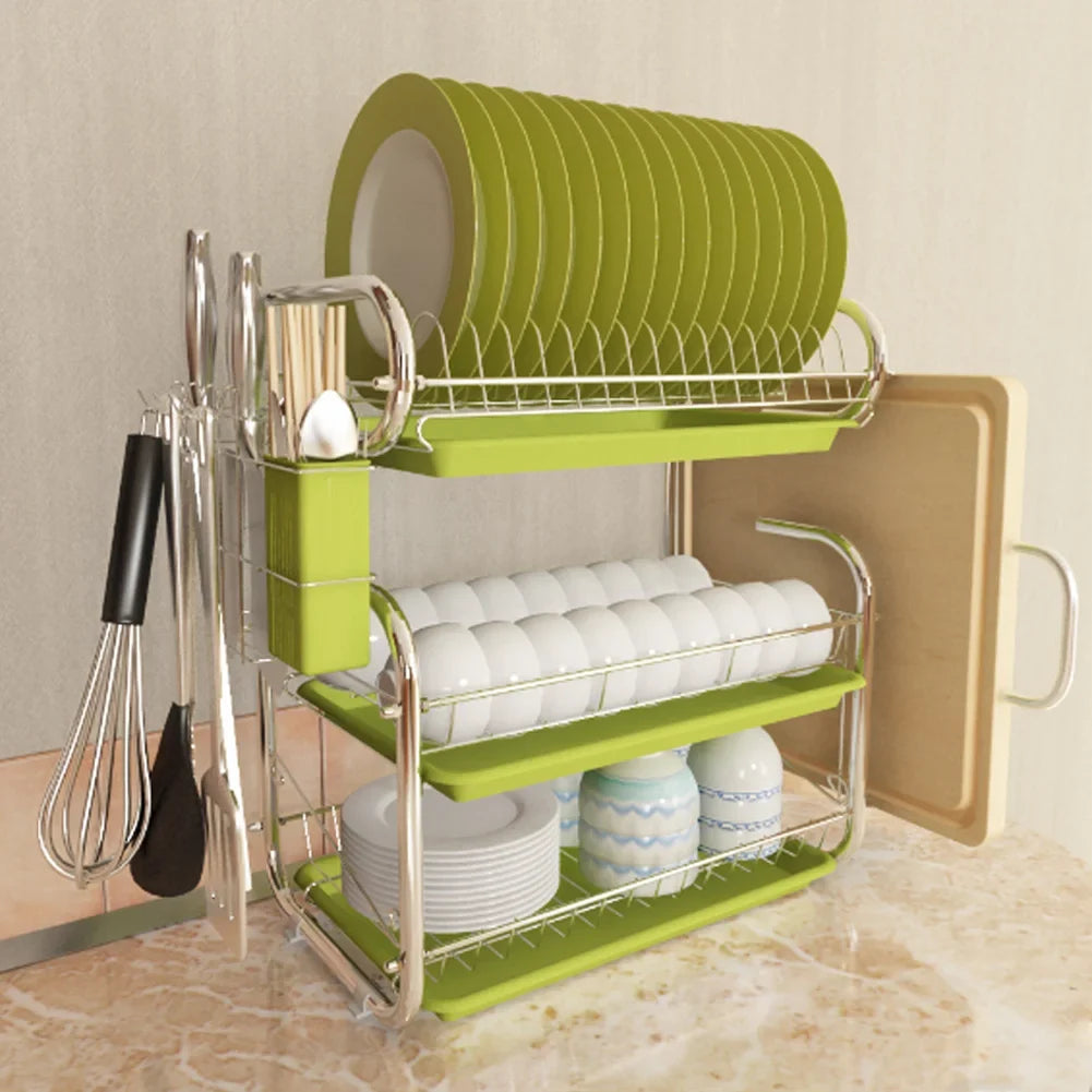3 Tier Kitchen Chrome Dish Drying Rack with Drip Tray & Utensil Holder Home Dry