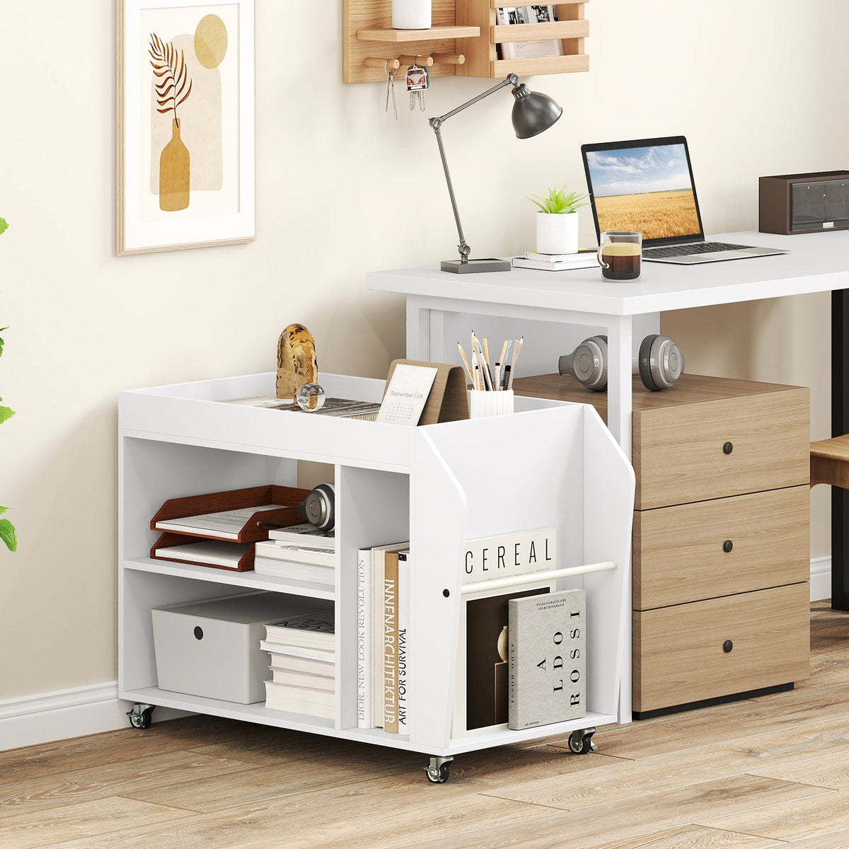 3-Tier Side End Table Rolling Nightstand with Universal Wheels-White