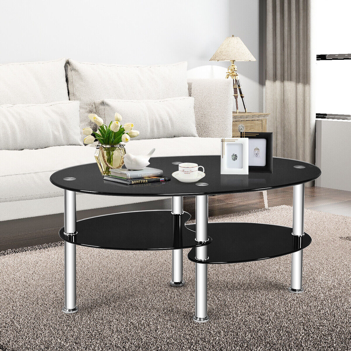 3-Tiers Tempered Glass Coffee Tables with 2 Shelves-Black