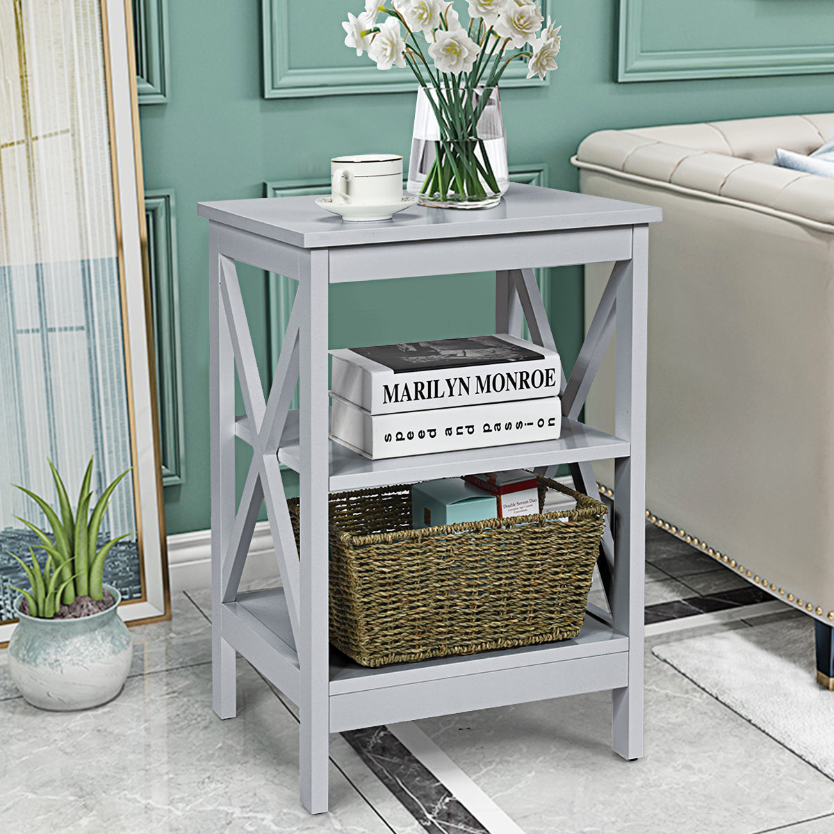 3-Tier Wooden Side table / Bedside Table -Grey