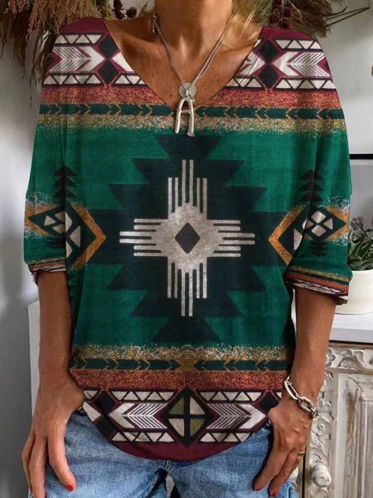 Womens Loose-fitting Geometric-print V-neck Long-sleeve Top