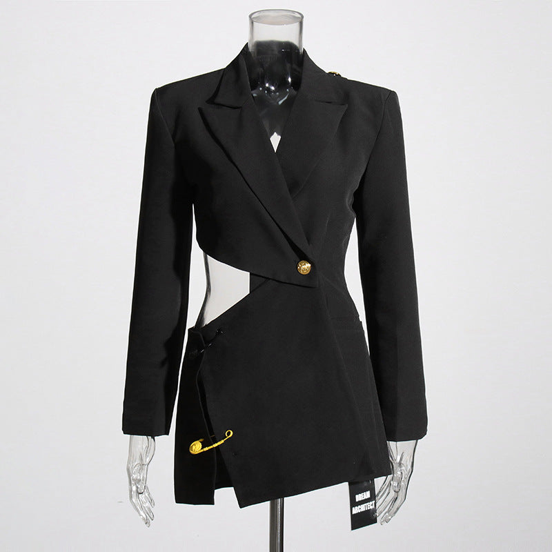 Winter Hollowed Out Backless Asymmetrical Black Slim Coat For Women