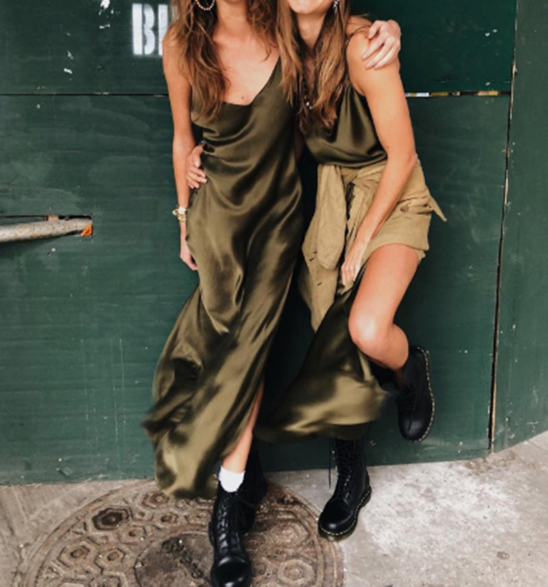 Sexy Women Satin V Neck Maxi Backless Side Split Long Dress