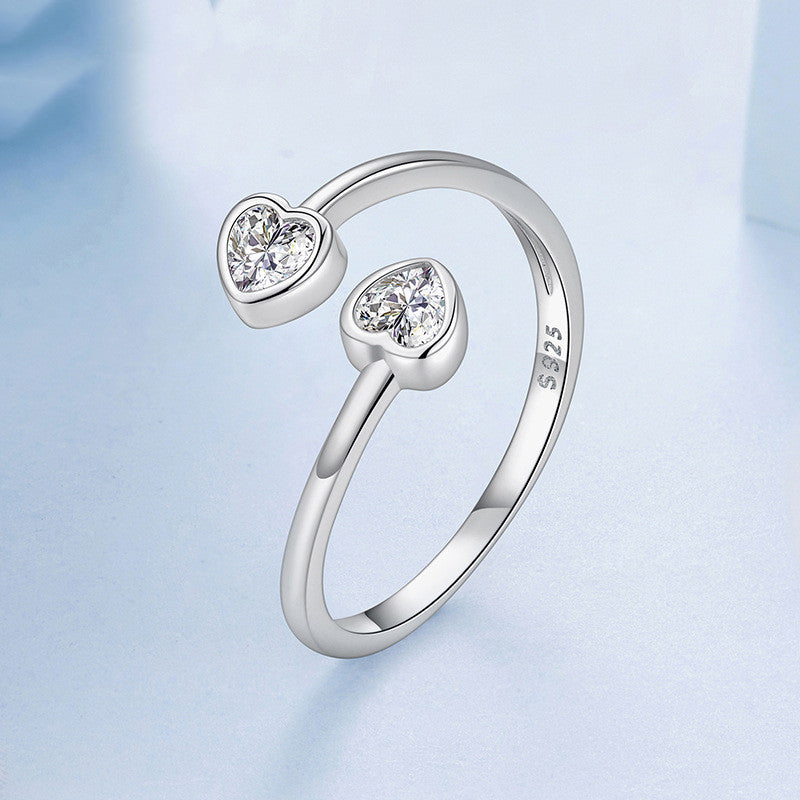 S925 Sterling Silver Double Heart-shaped Open Ring Valentine's Day Gift Heart-shaped Ring