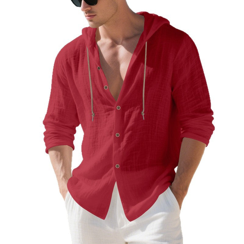 Mens Linen Hooded Long-Sleeve Casual Cardigan Shirt