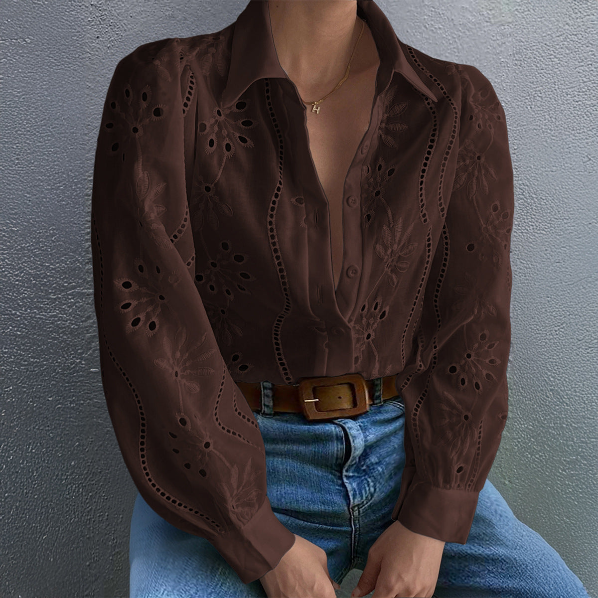 Casual Resort Fashion Hollow-out Long-sleeve Cardigan Blouse