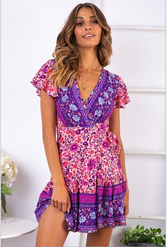 Summer V-neck sexy bohemian print dress skirt women