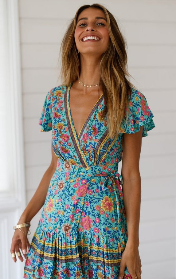 Summer V-neck sexy bohemian print dress skirt women