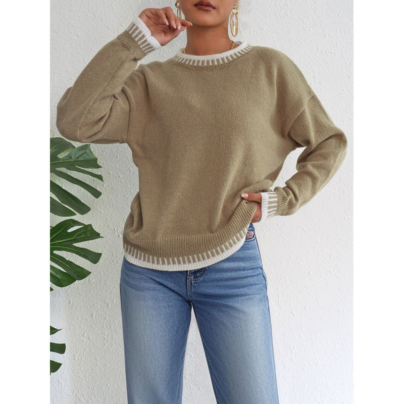 Women's Round Neck Contrast Color Stitching Leisure Pullover Loose Sweater