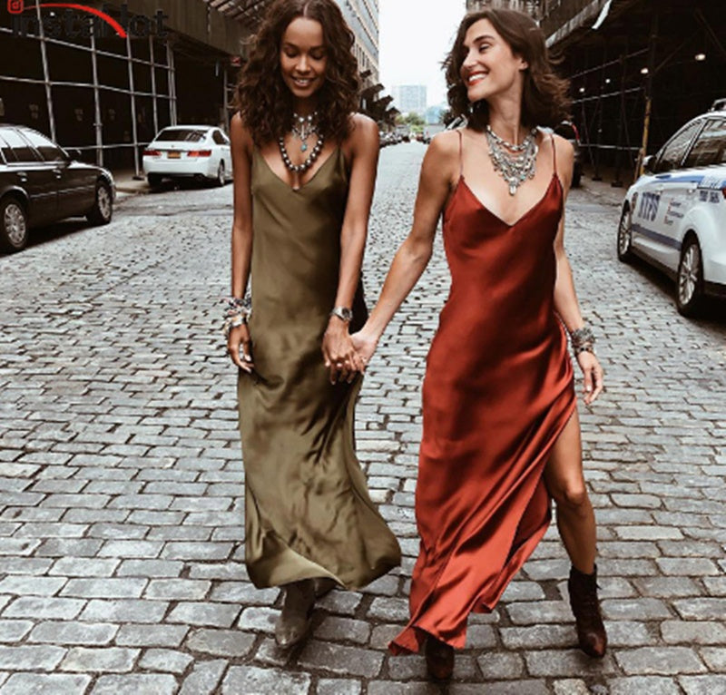 Sexy Women Satin V Neck Maxi Backless Side Split Long Dress