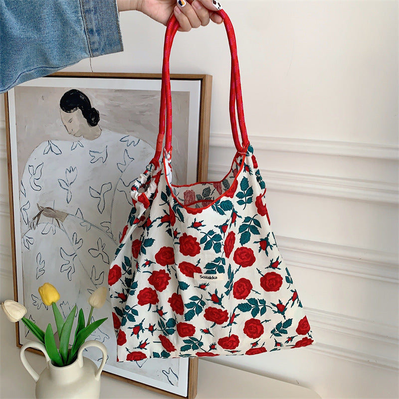 Large Capacity Hand Shoulder Bag Drawstring Floral