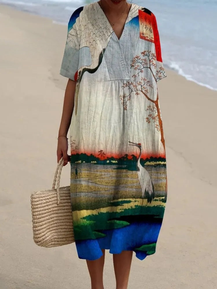 3D Printed Round Neck Pullover Patchwork Women's Dress