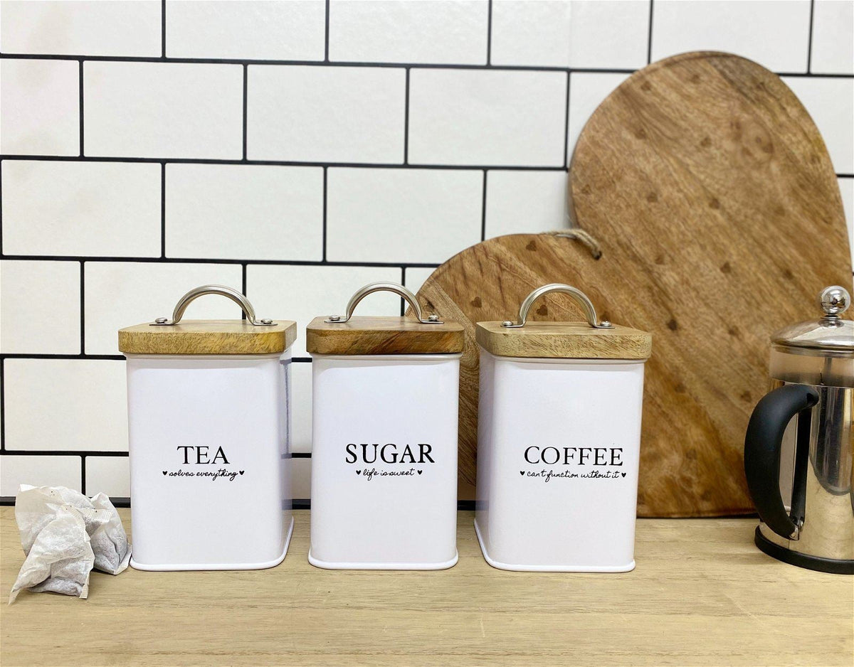Tea Coffee & Sugar Square White Storage Tins