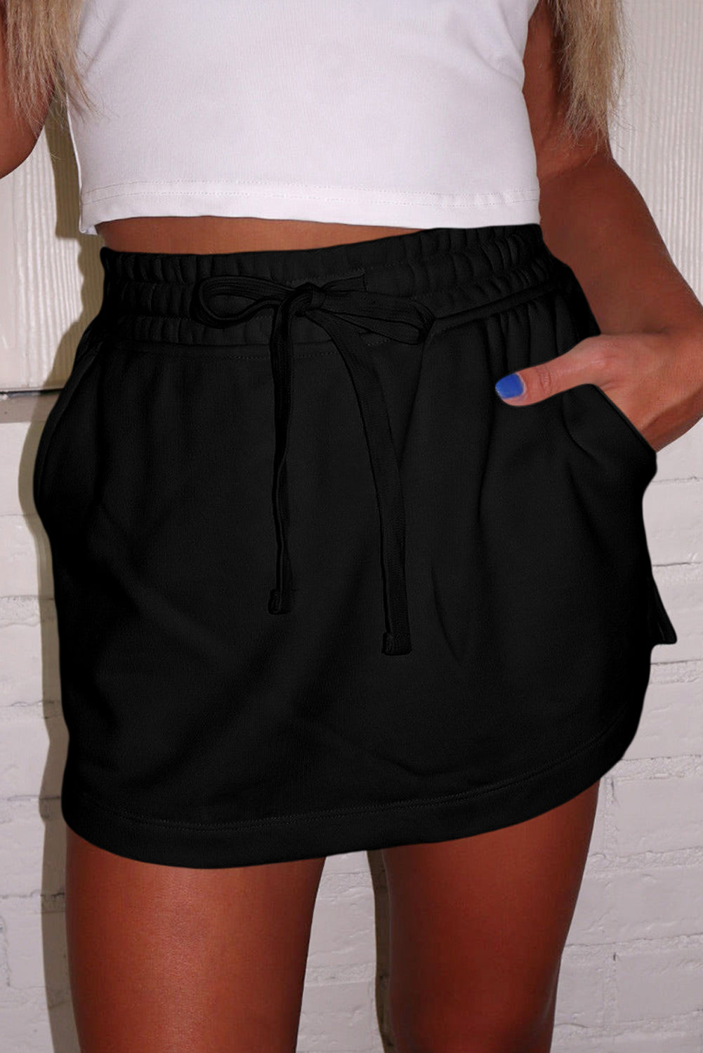 Black French Terry Drawstring Mini Skort with Pockets