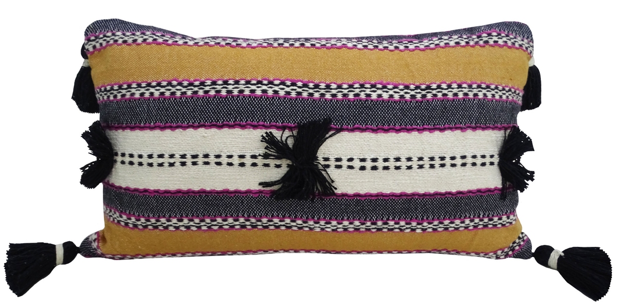 Handwoven 14"X 24" Throw Pillow with Pom-Poms