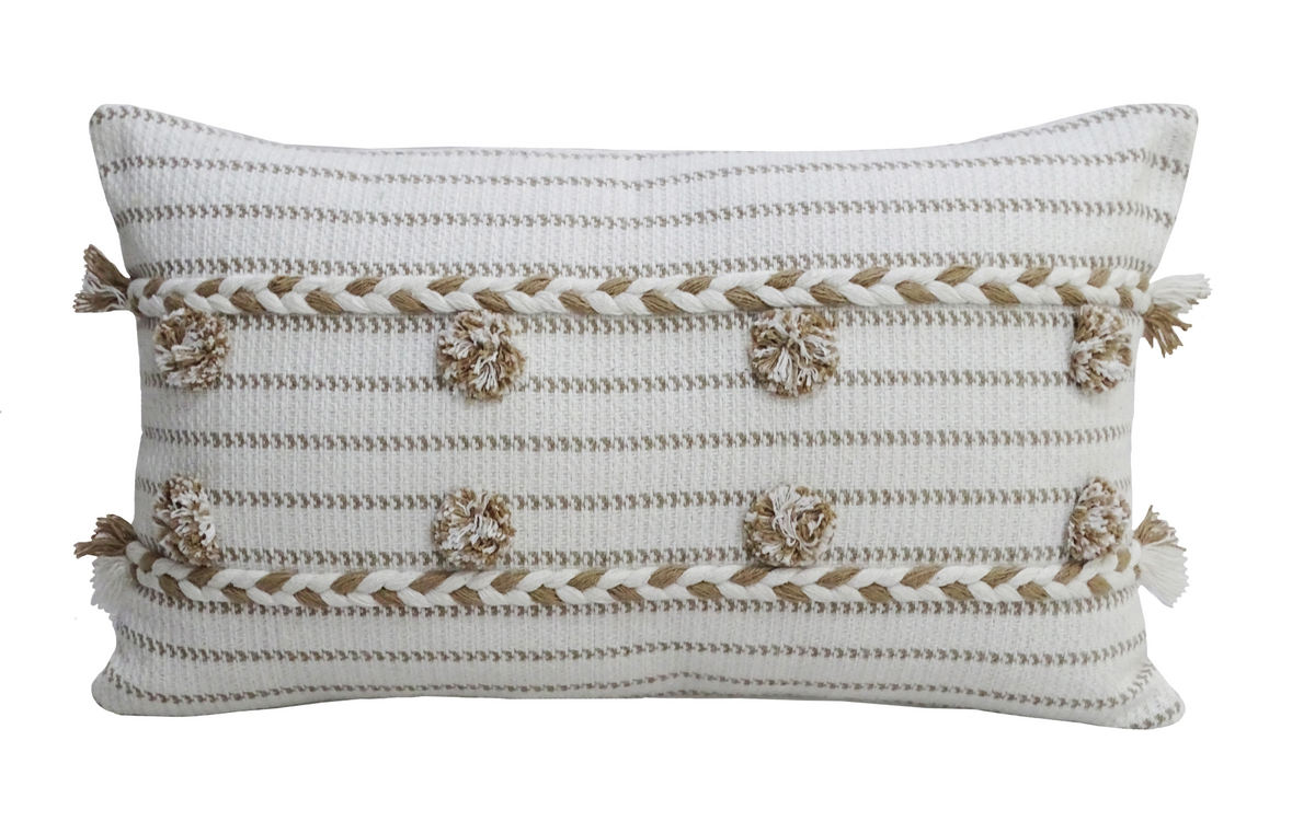 Handwoven 14" X 24" Throw Pillow with Poms