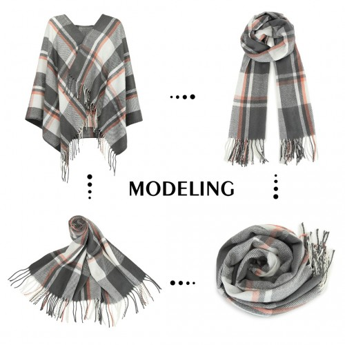 S6433 - Acrylic Fashion Women's Long Shawl Grid Tassel Winter Warm Oversized Scarf - Grey