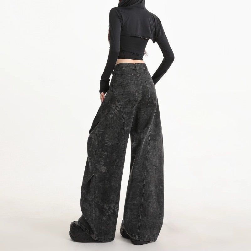Women's Plus-Size Printed Pleated Straight-Leg Floor-Length Wide-Leg Pants