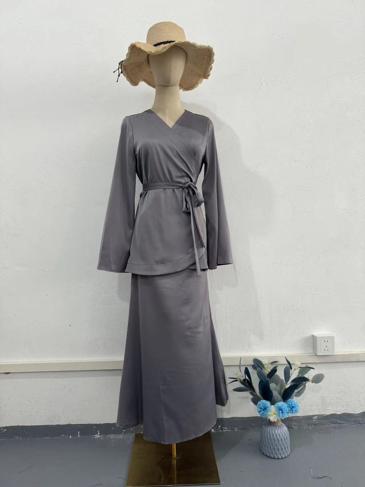 Fashion Satin Patchwork Long Dress Suit Women